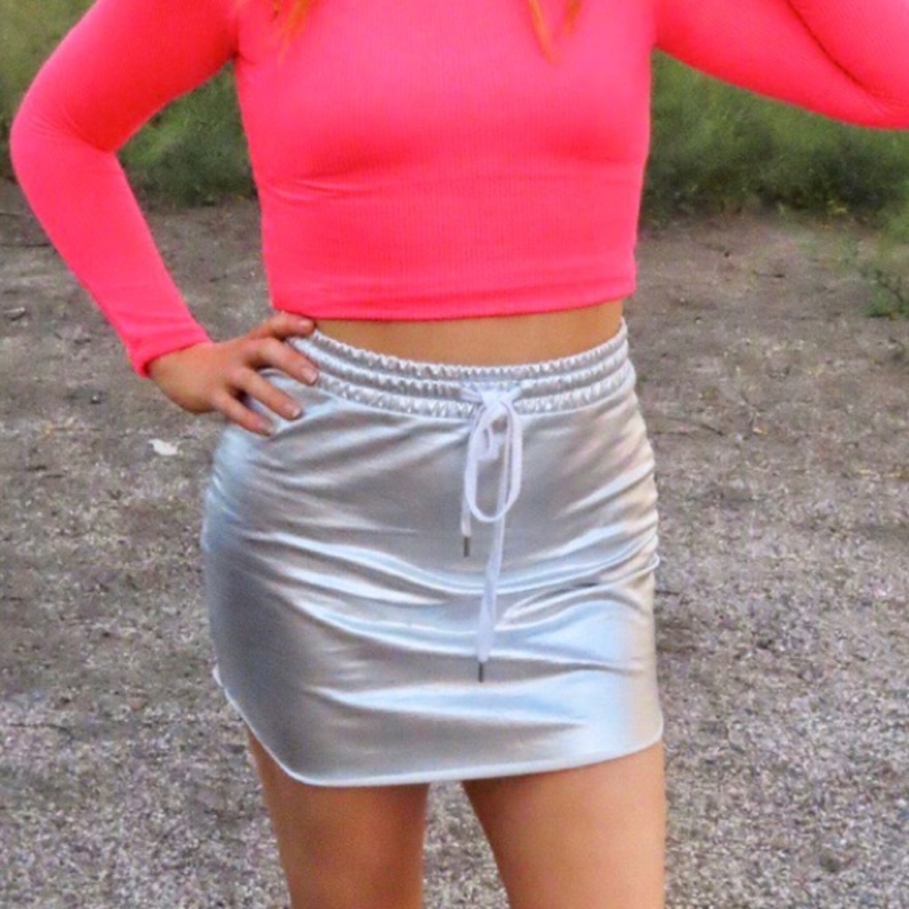 Metallic Silver Tie-Waist Pencil Mini Skirt